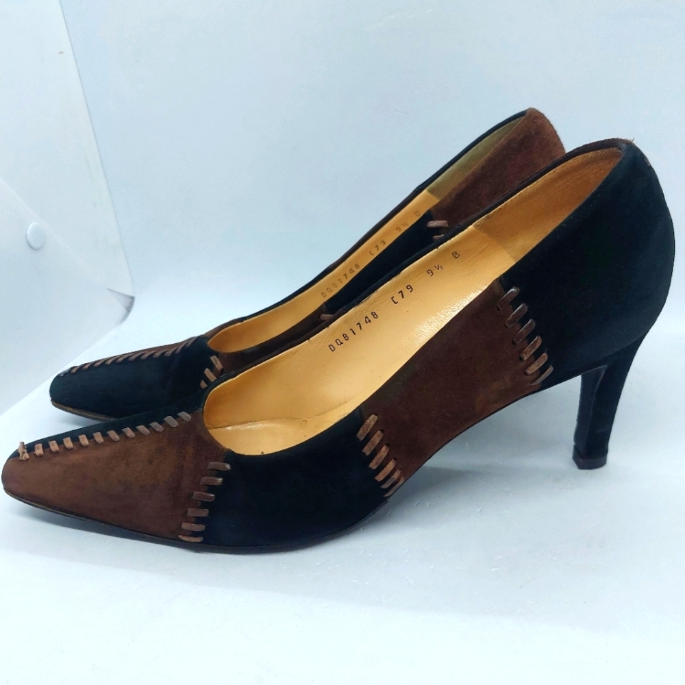 Ferragamo Women's Stiletto Black Brown Suede Leather Patchwork Heels Size 9.5B